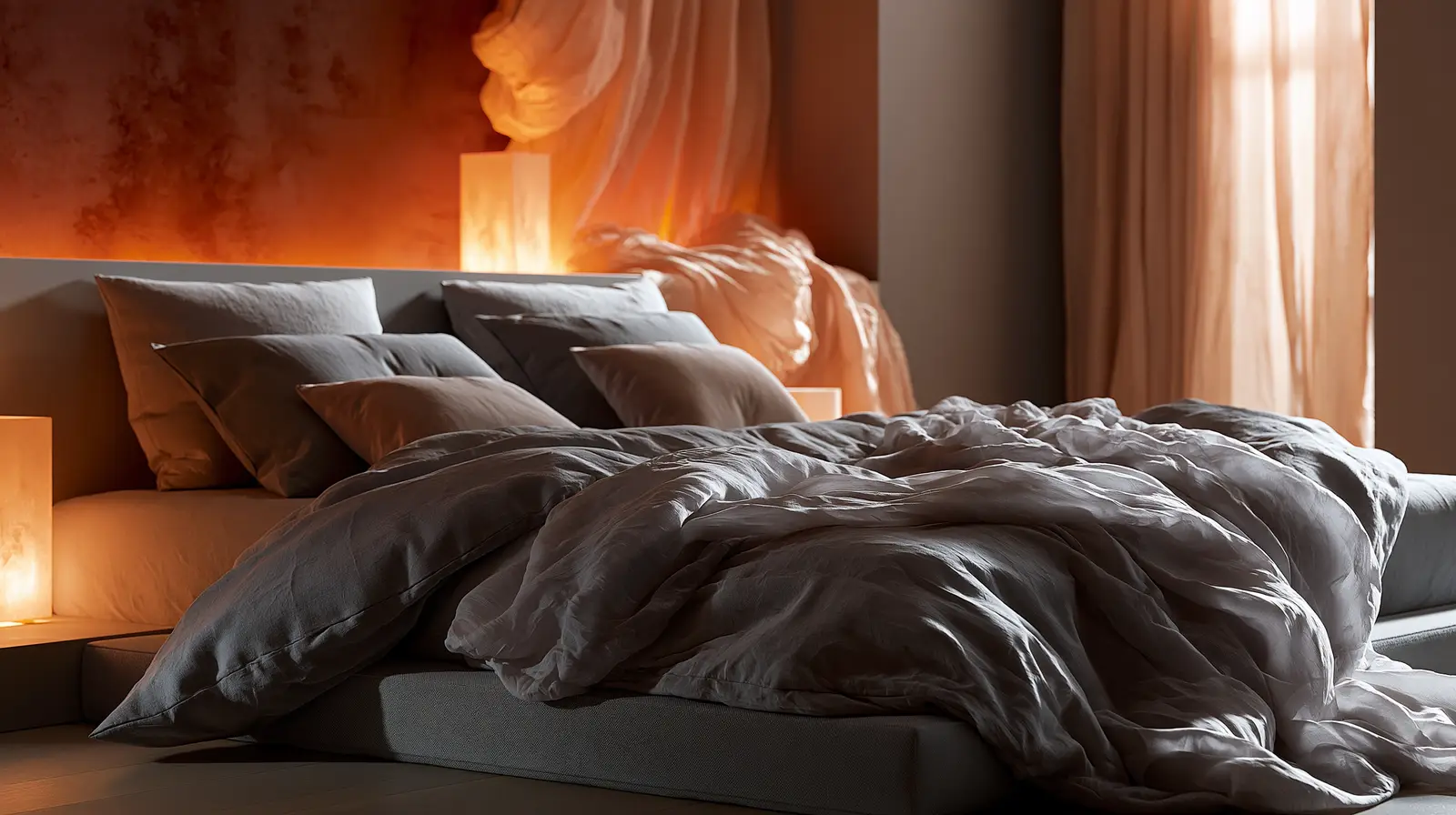 Camera da letto rinnovata con relooking d’interni, tessili eleganti, luce soffusa, parete d’accento e atmosfera calma e accogliente