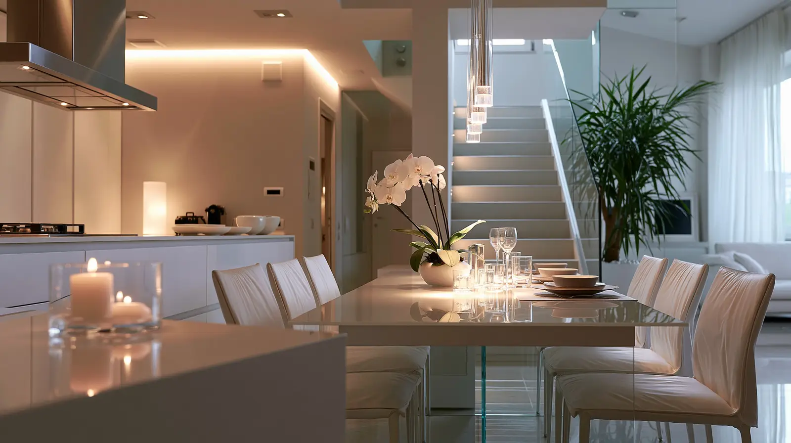 Cucina e zona pranzo open space rinnovate con relooking d’interni, nuove sedie, illuminazione decorativa e complementi coordinati