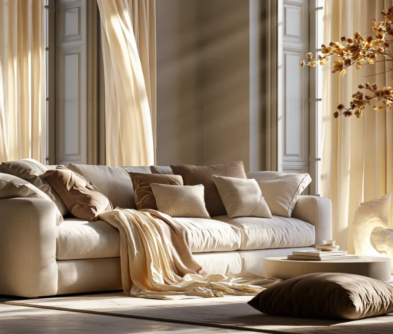 Living elegante rinnovato con interventi di relooking d’interni, arredi valorizzati, nuova palette colori, tessili e illuminazione calda