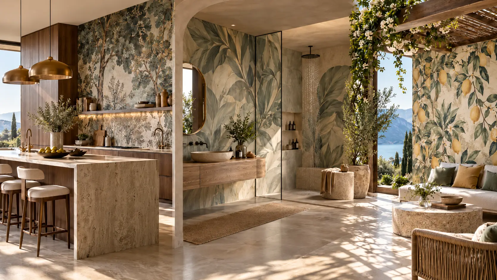 Cucina, bagno con doccia e spazio outdoor arredati con carta da parati decorativa in stile contemporaneo