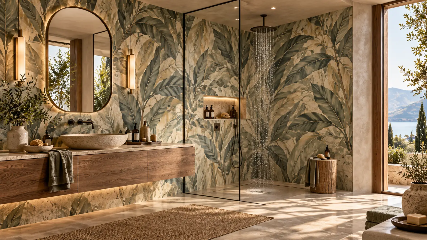 Bagno contemporaneo con lavabo, doccia walk-in e carta da parati decorativa adatta ad ambienti umidi
