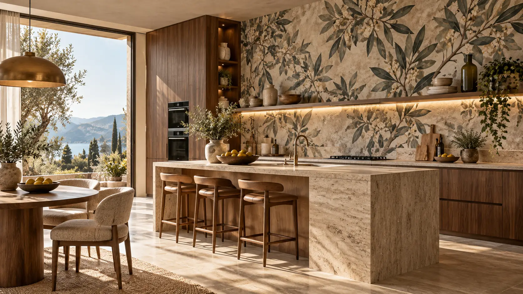 Cucina moderna con isola e carta da parati decorativa coordinata ad arredi, superfici e zona pranzo