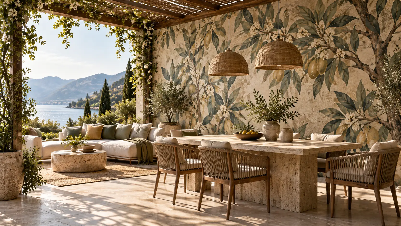 Terrazza arredata con parete decorata da carta da parati da esterno, tavolo da pranzo e vista panoramica